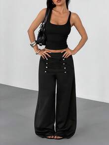 VENORA Decorative Double‑Row Button Elastic Waist Wide‑Leg Pants, Loose Fall High‑Waist Flared Trousers, Streetwear Casual Bottoms,Back To School ,Y2K - Black - View 4