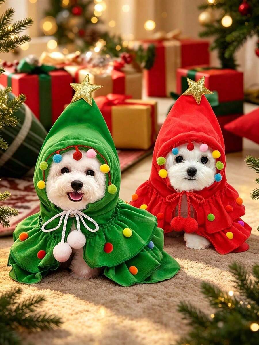 1 buah Kostum Natal Hewan Peliharaan - Jubah Hewan Peliharaan Berbentuk Pohon Natal Merah & Hijau, Jubah Lucu untuk Kucing & Anjing Kecil, Jubah Pakaian Hewan Peliharaan Kreatif, Aksesori Hewan Peliharaan yang Menggemaskan