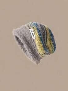Women's Multi-Color Striped Loose Knit Beanie, Soft & Warm Winter Casual Street Style Headwear - Hat - View 8