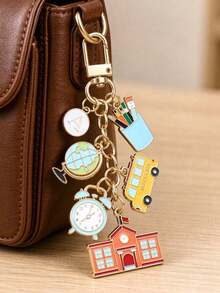 Back To School Themed Enamel Keychain,Initial Letter Bag Charm With School Bus Globe Alarm Clock Pencil Holder Pendant,Gift For Student Teacher,Halloween Christmas - Multicolor - View 4