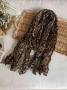 Women's Pleated Leopard Print Long Scarf, Vintage Lightweight Sun Protection Shawl, Suitable For Daily Wear And Early Autumn - Multicolor - View 4