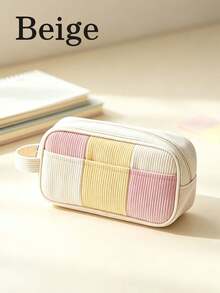 1pc Personalized Custom Name Corduroy Makeup Bag, Large Capacity Macaron Color Block Patchwork Travel Storage Bag With Thickened Handle, Custom Pencil Case, Back To School Gift - Multicolor - View 9