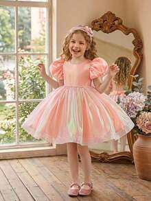 Young Girls Puff Sleeve Princess Dress Faux Pearl Dreamy Colorful Organza Party Princess Dress Suitable For Girls Birthday Party Evening Gala Ball Wedding Flower Girl Bridesmaid Dress - Baby Pink - View 1