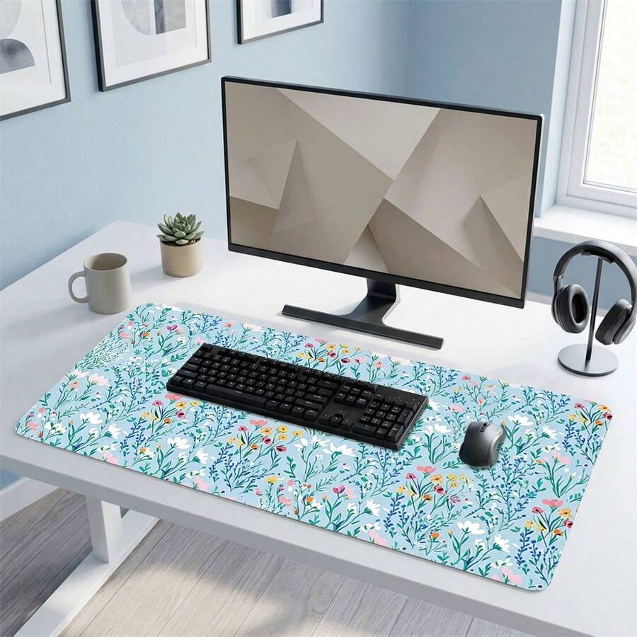 Blue Floral Pattern Gaming Mouse Pad, Non-Slip Rubber Desk Mat, Smooth Gliding Surface, Suitable For PC Laptop Office Home, Natural Abstract Art Decor, Back To School Supplies - A - View 1