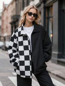 Women's Spring/Autumn Black & White Plaid Stand Collar Zip-Up Jacket, Asymmetric Patchwork Loose Casual Outerwear With Adjustable Drawstring Hem - Black - View 4
