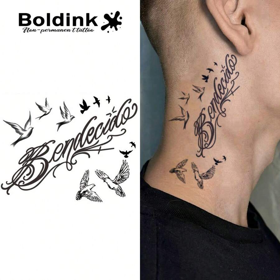 Boldink 1入 浪漫飛鳥手寫標記臨時紋身貼紙，防水身體藝術紋身貼，持效1-2週，植物汁液配方，溫和不刺激，適合日常穿搭造型、身體裝飾，中性中式風格禮物，必備好物