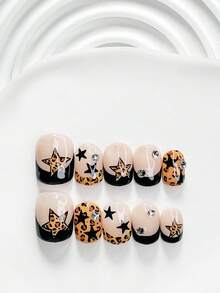 Autumn 10pcs Cool Handmade Press-On Nails Gel Manicure Set, Star & Leopard Print Black & Brown, Unique Style, Includes Manicure Tools, 3 Sizes Available, Square/Short Square/Almond Shape, Suitable For Party, Dancing, Daily Wear (Handmade Details May Vary) - Multicolor - View 14