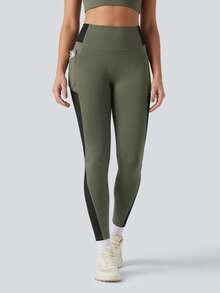 Women's High Waist Mesh Patchwork Pocket Sports Leggings, Colorblock Split Design Fitness Yoga Pants, Butt-Lifting High Elasticity Workout Tight Pants For Gym, Running, Casual Wear - Army Green - View 6