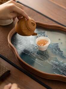 1PC New Style Dry Tea Tray Landscape Bamboo & Glass Tea Tray Home Tea Set Tea Tray High-End Tea Cup Holder Tea Tray Tea Set Tableware Storage Tray Multi-Function Storage Tray - Multicolor - View 5