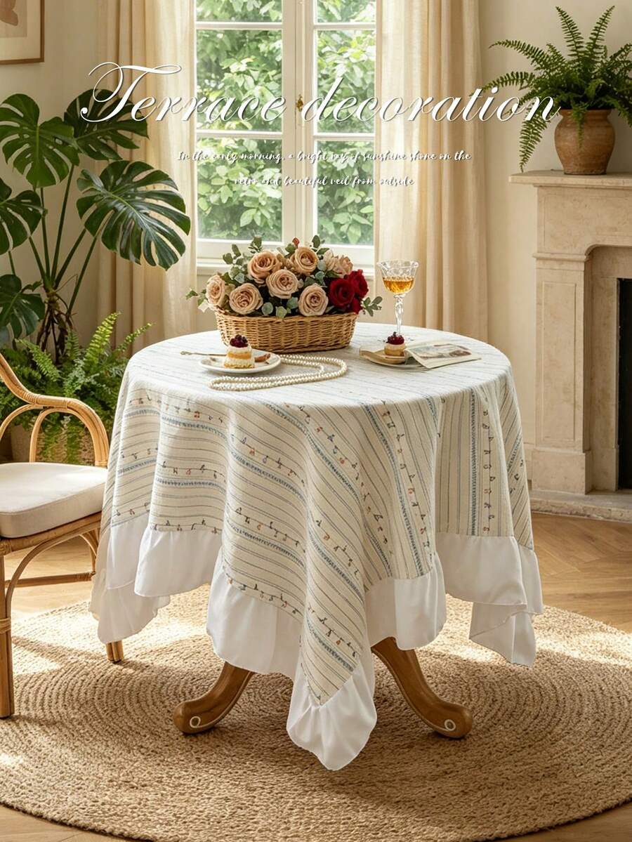 1pc Ruffle Edge Tablecloth, Fresh Country Style, Suitable For Dining Table Decor, Picnic Tablecloth, Holiday Celebration, Wedding Party Gathering, Birthday Banquet, Daily Dining Table, Kitchen And Dining Room Decoration, All Seasons, Home Decor - Multicolor - View 1