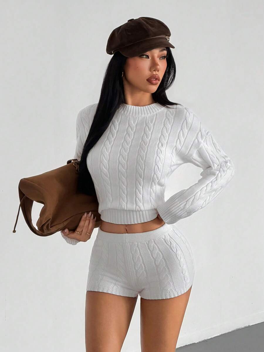 VENORA Stylish Women's White Cable Knit Bodycon Sweater And Shorts Set, Rib-Knit Design, Daily Casual,Sexy,Y2k,Fall/Winter,Halloween - White - View 1
