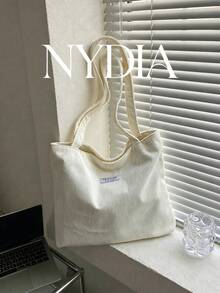 1pc White Corduroy Solid Color Fabric Label Detail Shoulder Tote Bag, Large Capacity Commuter Shoulder Bag, Lightweight Student Tutoring Bag - White - View 1