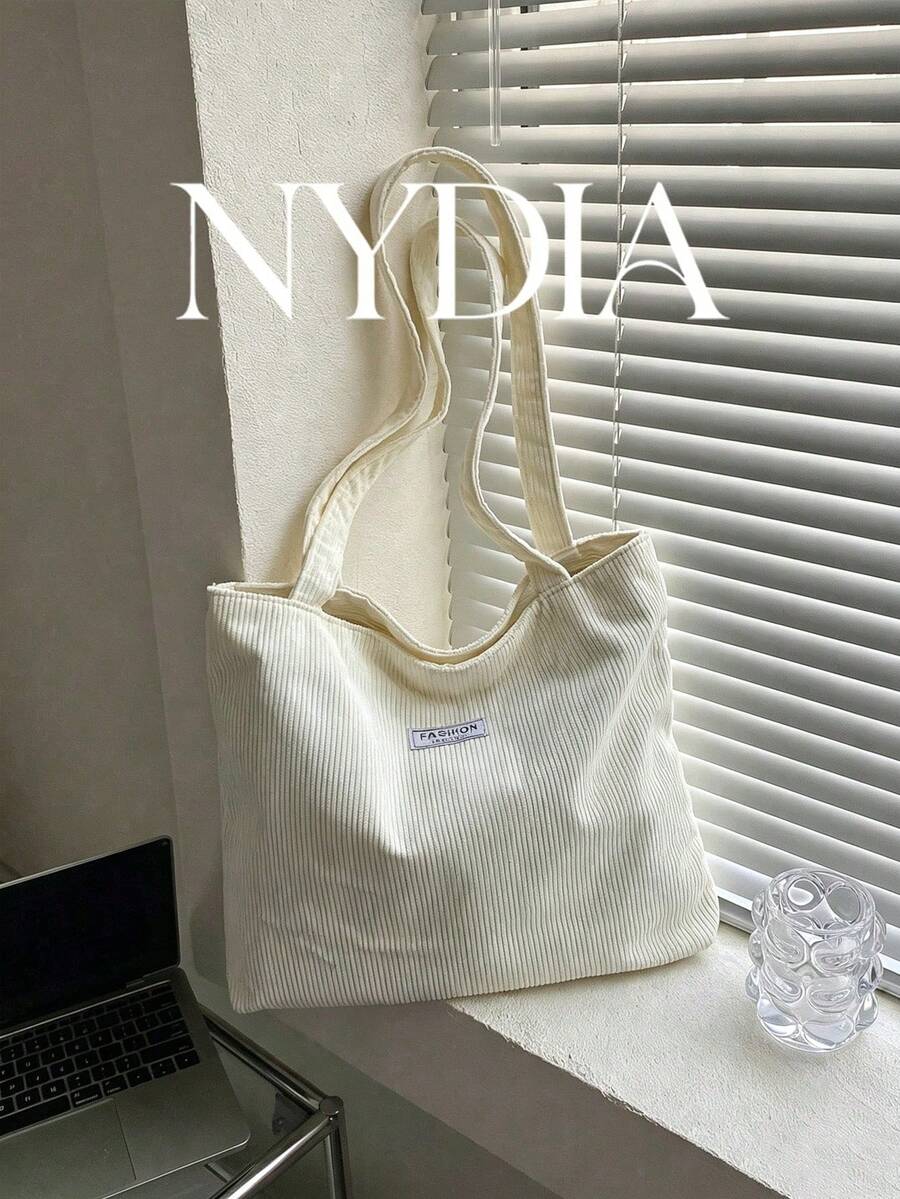 1pc White Corduroy Solid Color Fabric Label Detail Shoulder Tote Bag, Large Capacity Commuter Shoulder Bag, Lightweight Student Tutoring Bag - White - View 1