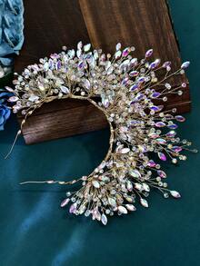 1pc Gorgeous Rhinestone Crystal Crown Hair Hoop Exquisite Women's Hair Accessories Fashion Wedding Party Holiday Party Headband - Gold - View 4