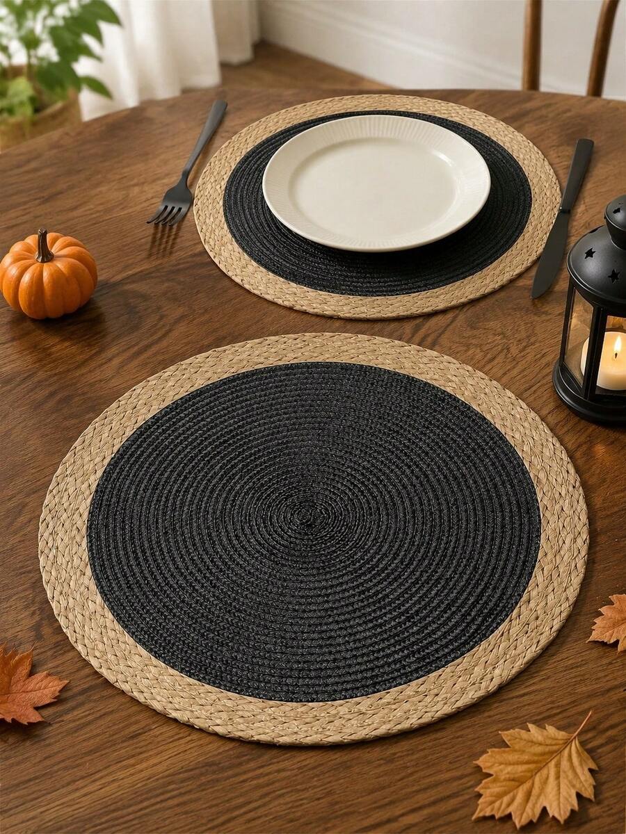 6pcs 15-Inch Black Round Woven Placemat Set , Round PP Braided Placemats With Wide Paper Edge, Washable, Wipeable, Easy To Clean, Heat Resistant - Black - View 1