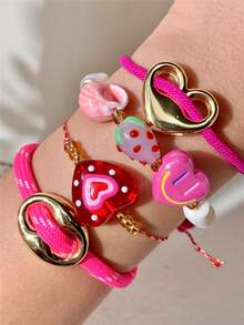 Vibrant Color, Unique Design Seashell Strawberry Heart Smiling Face Beaded Elastic Bracelet Adjustable Wristband, Suitable For Daily, Party, Wedding Wear, Gift For Friends - Multicolor - View 1