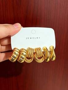 6/18pcs Fashion Stud Earrings Set Exaggerated Oversized C-Shaped Elegant Long Earrings Multi-Style Series Earring Set Suitable For Daily And Holiday Wear Women's Earring Set, - Gold - View 3