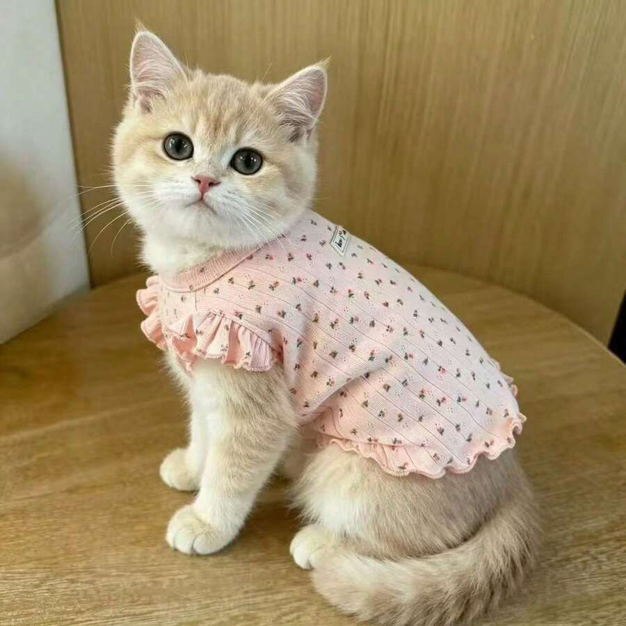 Floral Flutter Sleeve Pet Vest, Soft Home Wear For Small Dogs And Cats, Suitable For Teddy, Schnauzer, Spring/Autumn Princess Style Pet Clothing - Pink - View 1