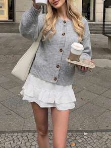 Just Masa Women's Fall Casual Elegant Cardigan,Round Neck Button Up Long Sleeve Loose Basic Solid Color Knitwear,For Daily Wear,Travel,Date,Going Out - Grey - View 10