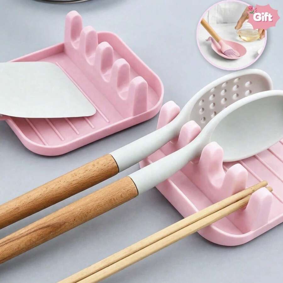 2件組可愛粉色矽膠湯匙架與廚房用具收納架套組，耐熱防滑滴水墊，附4格槽可放置夾子、湯勺及其他烹飪工具，防滴檯面收納架，精美粉色廚房裝飾配件，公寓必備 - 粉色 - 查看 1