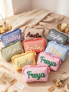 Personalized Plaid Makeup Bag, Customized Name Ruffle Edge Cosmetic Storage Bag, Preppy Style Toiletry Organizer, Gift For Her, Travel Essential - Multicolor - View 5