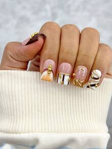 10pcs/Set Y2K Nails Handmade, Cute Nails, Pink Nails, Gold Nails, Golden Jewelry Nails & Brown Stripe Nails, Perfect For Parties & Daily Wear. Square Nails. Handmade Press On Nails Square, Short Fake Nails, Acrylic Nails, Handmade Nails, Fall Nails - Multicolor - View 3
