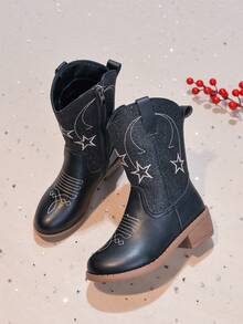 Kids Western Style Mid-Calf Boots With Star Embroidery, Perfect For Stage Shows, Party Gatherings And Weekend Trips - Black - View 5