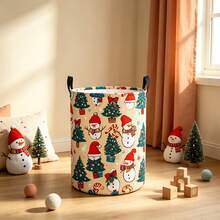 1PC Storage Basket With Cute Christmas Snowman & Christmas Tree Print, Candy Cane Gift Box Pattern, Portable Handles, Suitable For Multi-Purpose Storage Of Clothes And Sundries, Home Decor And Room Decor - Multicolor - View 1