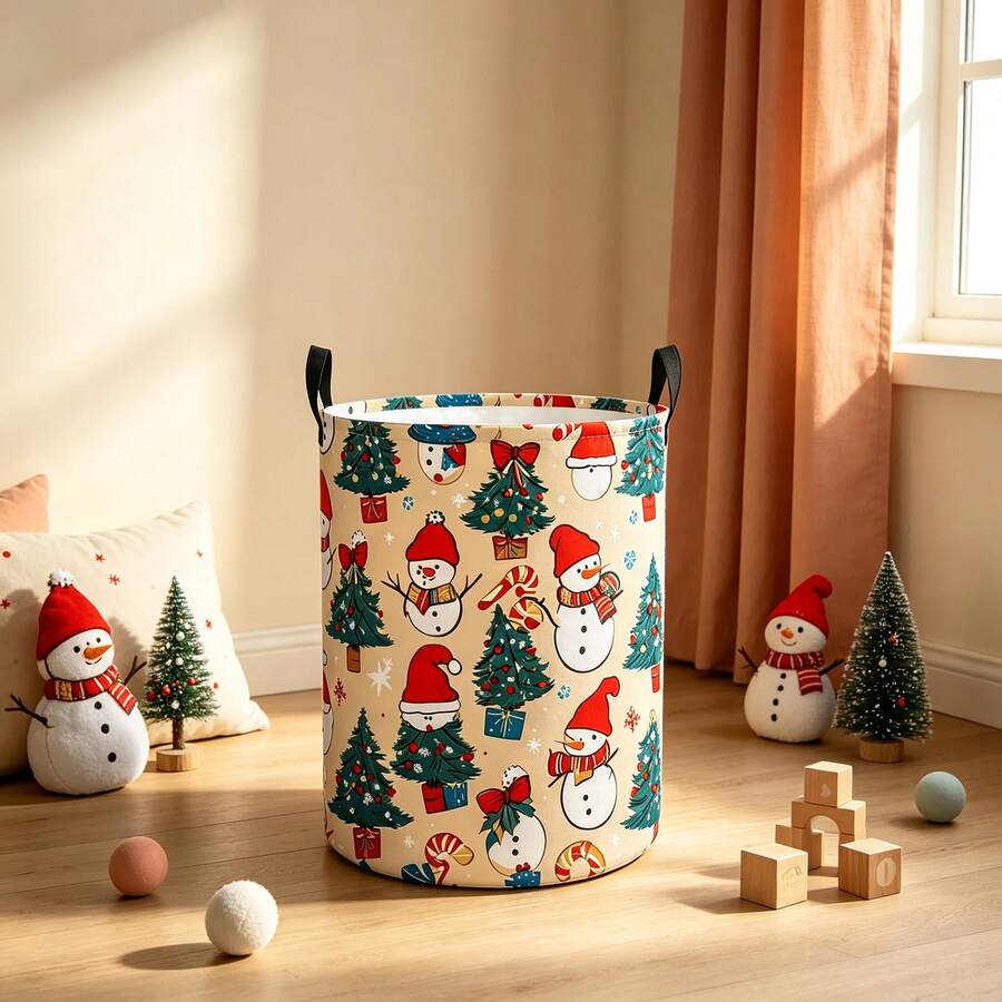 1PC Storage Basket With Cute Christmas Snowman & Christmas Tree Print, Candy Cane Gift Box Pattern, Portable Handles, Suitable For Multi-Purpose Storage Of Clothes And Sundries, Home Decor And Room Decor - Multicolor - View 1