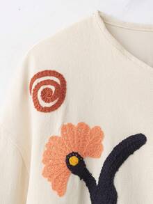 CAREE Women's Autumn/Winter Beige Base Colorful Floral Embroidered Round Neck Front Button Drop Shoulder Large Pocket Loose Jacket - White - View 3