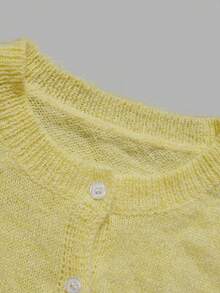 DONICY Women's Light Yellow Crew Neck Short Sleeve Button Knit Sweater Cardigan, Elegant Outfit For Spring Summer Casual Tops - Yellow - View 4