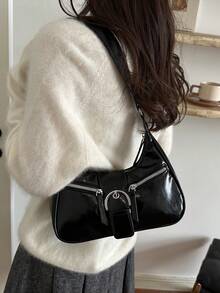 Niche Design Chain 2026 New Women's Bag Fashion Gothic Style Rivet Underarm Bag Handbag Shoulder Bag Solid Color Studded Chain Shoulder Bag - Black - View 3