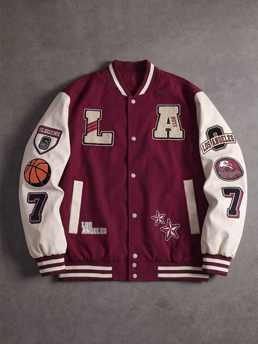 Men's Colorblock Patchwork Letter Embroidery Baseball Jacket, Autumn, Casual, Graduation, Back To School, Letter Varsity Jacket - Hot Pink - View 1