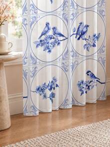2件裝藍色小鳥花卉瓷磚印花高密度網紗窗簾，柔光過濾，穿桿式 - 彩色 - 查看 8