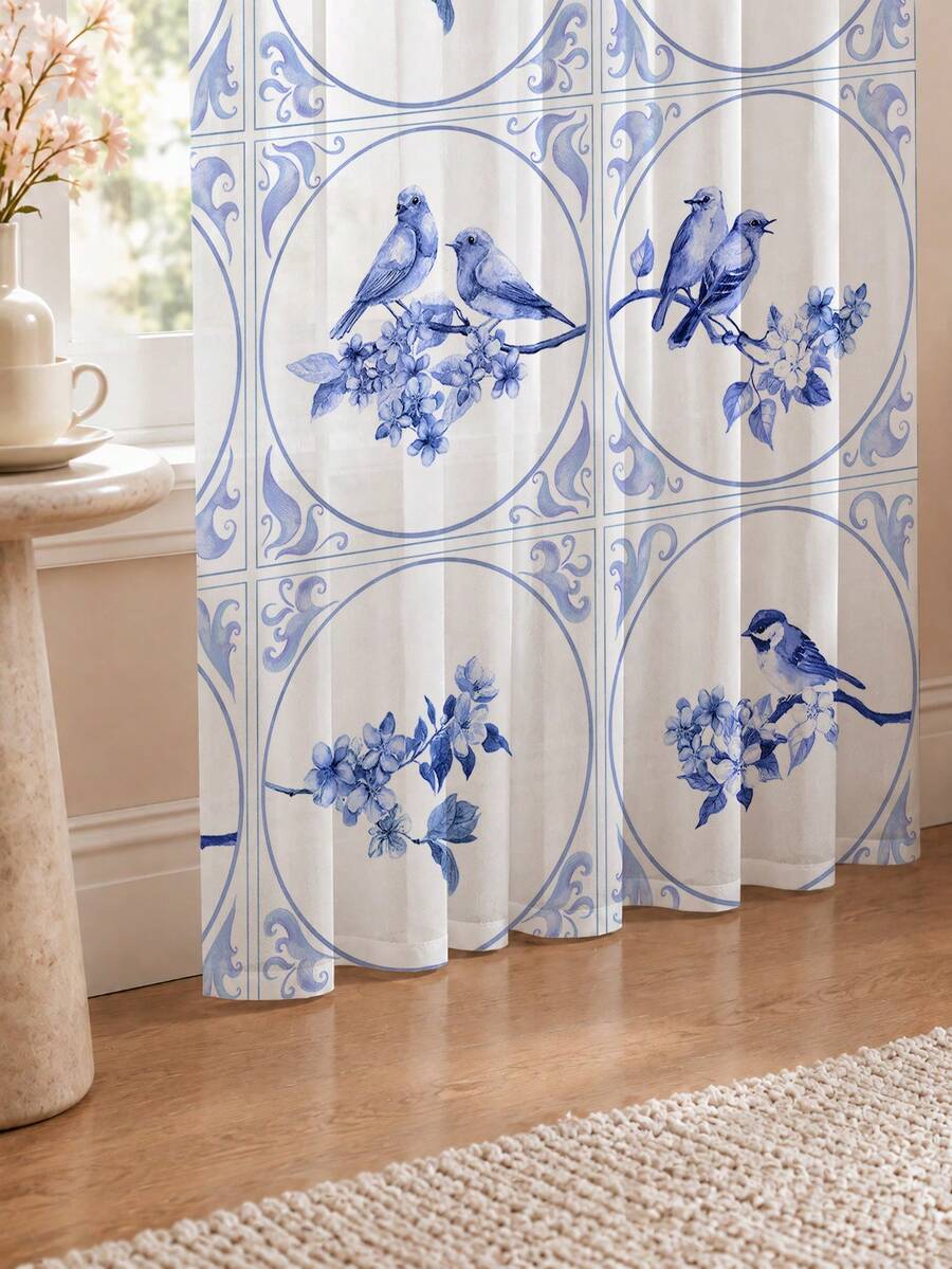 2PCS Blue Bird Floral Tile Print High Density Mesh Curtains, Light Filtering Rod Pocket - Multicolor - View 1