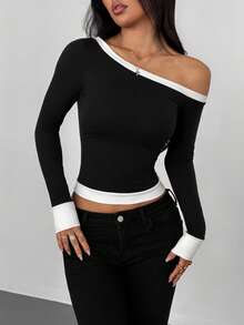 VENORA Contrasting Color Slashed Shoulder Long-Sleeved T-Shirt Women's 2026 Autumn New Off-The-Shoulder Slim Top,Daily Casual,Sexy,Y2k,Halloween - Black - View 6