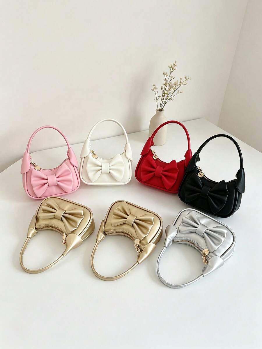 Cute Girl Style Children's Handbag, Sweet Large Bow Decor Underarm Bag, PU Small Bag, Girls' Travel Accessory Bag, Suitable For Daily Use - A - View 1