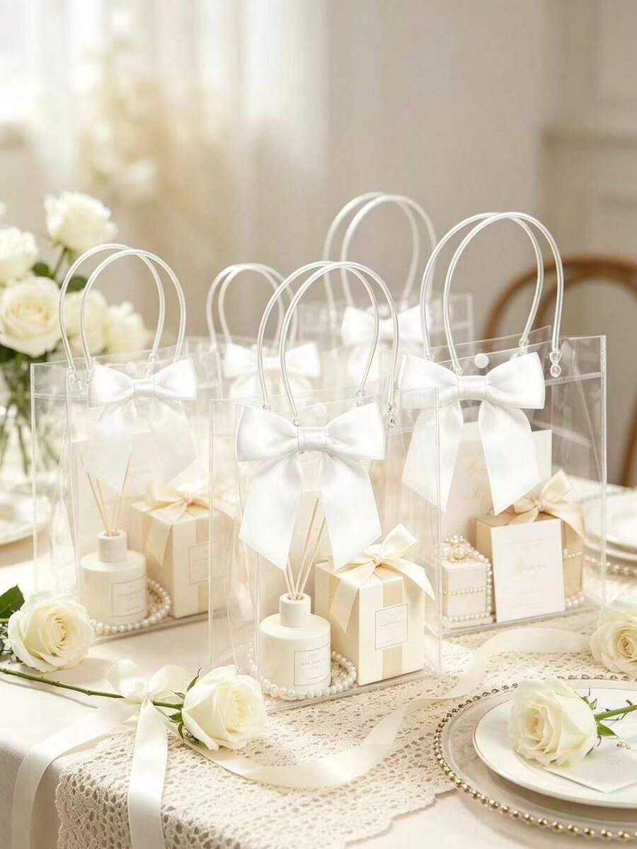 20pcs Transparent PVC Gift Bags With White Satin Ribbon, Reusable Tote Bags, Suitable For Weddings, Birthdays, Baby Showers, Bridal Showers, Graduation Parties, Bridal Showers (Waterproof) - White Butterfly Bag - View 1