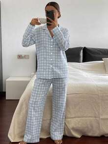 DAZY 2pcs Women Loose Comfortable Breathable Long Sleeve Top And Long Pants Pajama Set, Cute Home Wear, For Her - Blue - View 3