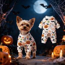 Opjoys 1pc Halloween Pumpkin & Ghost Print Dog , Soft Cute Healing Style Skin-Friendly Knitted Four-Legged Fit Round Neck Ribbed Cuff Warm Belly Protection Anti-Shedding Pet Home Wear Spring Autumn Daily - White - View 6