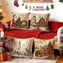 4pcs/1pc Vintage Country Santa Claus Red Truck Pattern Pillowcase, Single-Sided Printed Pillowcase, Suitable For Living Room Bedroom Home Decor, All-Season Pillowcase - Multicolor - View 2
