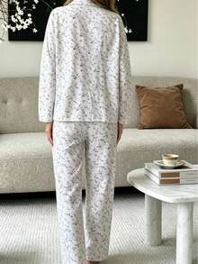Nina Bonheur 2pcs Women's Loose Comfortable Breathable Long Sleeve Top + Long Pants Cute Pajama Set - White - View 4