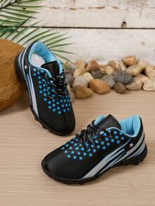Boys' Star Striped Studded Soccer Shoes, Lace-Up Anti-Slip Children's Sports Field Training Sneakers - Black - View 6