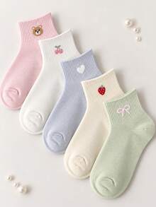 5 Pairs Women's Cute Cartoon Pattern Mid-Calf Socks, Bear Strawberry Cherry Heart Bow Ribbed Knit Pure Cotton Breathable Macaron Light Color Girl Style Short Mid-Calf Socks, Student Girls Daily Campus All-Season Versatile Creative Socks - Multicolor - View 3