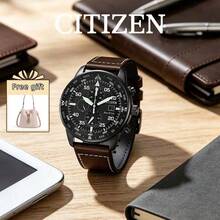 CITIZEN Men's -Drive Chronograph Watch Matte Black Case Direction Compass Markings Multi Sub-Dials Date Display Vintage Brown Stitched Leather Strap - Brown - View 1