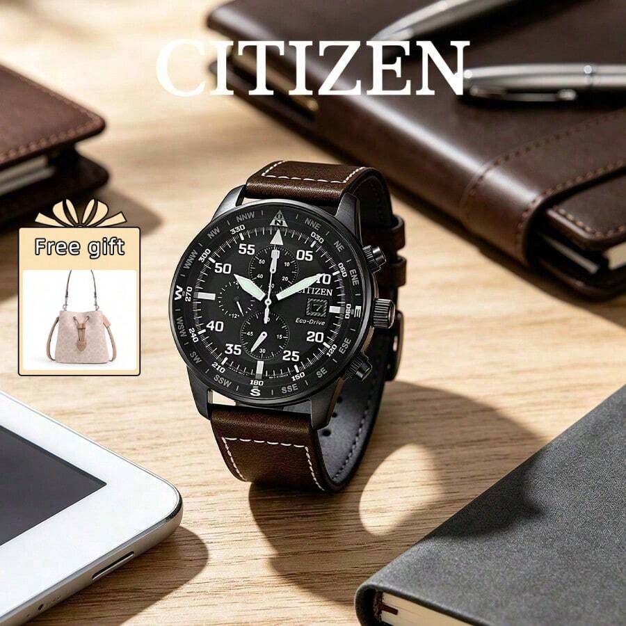 CITIZEN Men's -Drive Chronograph Watch Matte Black Case Direction Compass Markings Multi Sub-Dials Date Display Vintage Brown Stitched Leather Strap - Brown - View 1