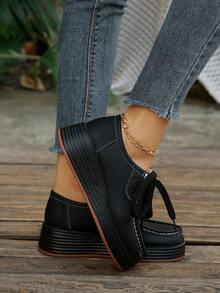 Women's Wedge Heel Thick Sole Loafers, Retro Leather Upper, Versatile Round Toe Front Lace-Up Casual Sneakers, Solid Color - Black - View 6