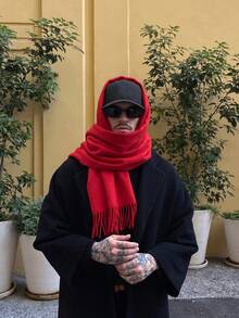 1件秋冬時尚優雅純色羊毛保暖披肩圍巾，中性休閒防寒流蘇披肩，適合日常穿著，節日禮物首選，情侶拍照必備 - 棗紅色 - 查看 1