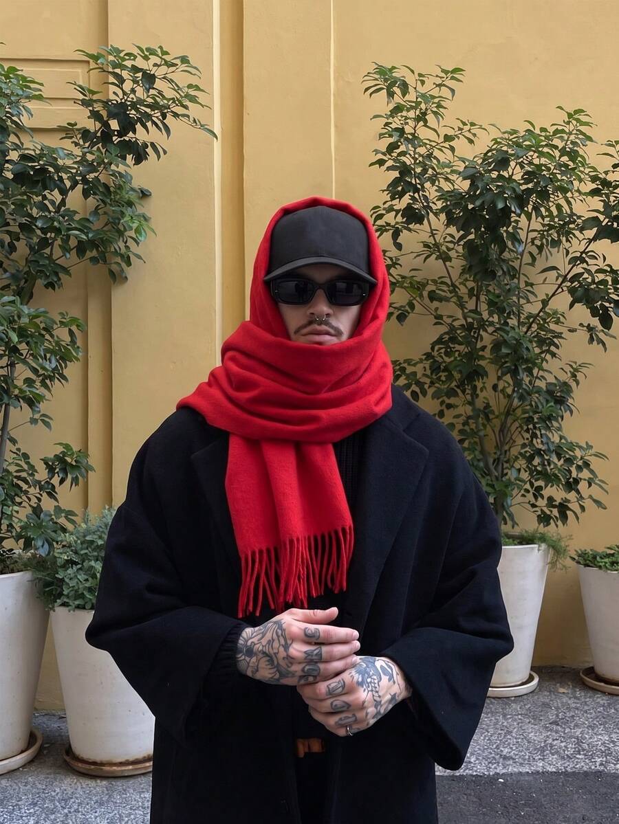 1件秋冬時尚優雅純色羊毛保暖披肩圍巾,中性休閒防寒流蘇披肩,適合日常穿著,節日禮物首選,情侶拍照必備 - 棗紅色 - 查看 1