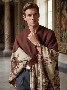 1pc Men's Vintage Landscape Jacquard Buckle Knit Cape Shawl, Thickened Warm Open-Front Wrap Cape Coat With Wool-Like Texture, Autumn/Winter - Multicolor - View 2